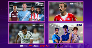 image shows photos of football and tennis athletes, with text: All the sports you love. One subscription. Get Premier+ Sports+ with HyperSpeed 10Gbps Broadband today.
