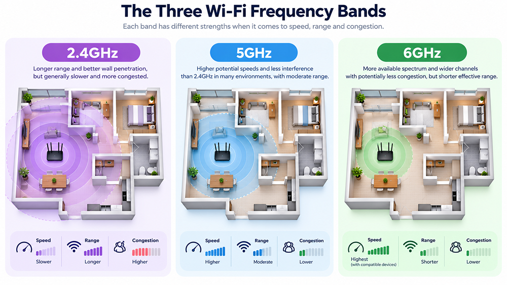 image shows a comparison between 3 Wi-Fi bands and which provide better speed, range, and congestion