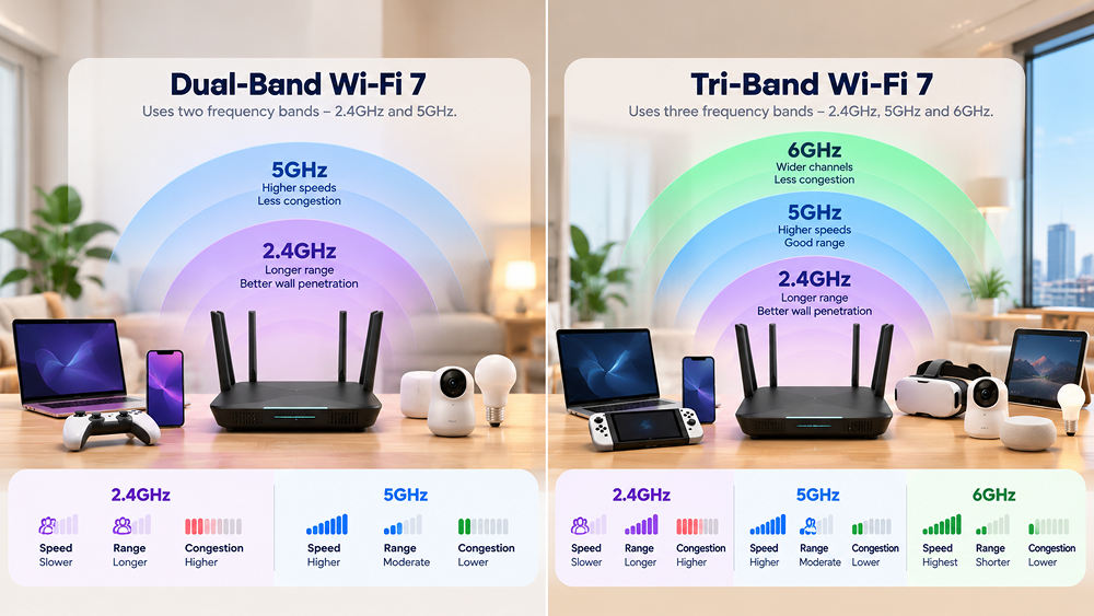 images shows a comparison between a dual band and triband wi-fi 7 router and how it affects speed, range and congestion of your devices.